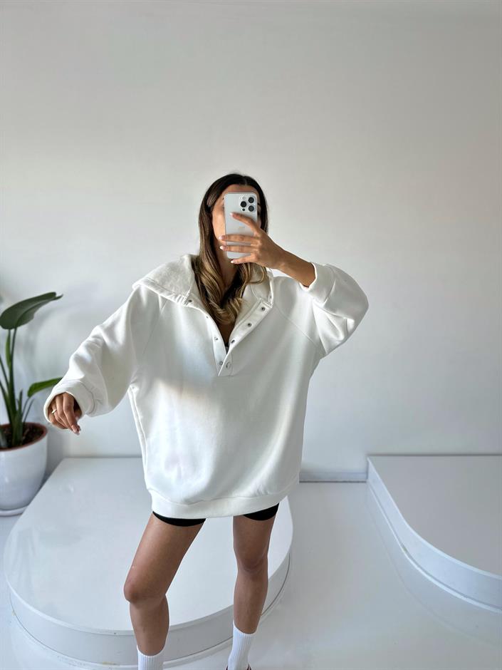 Easy Ekru Oversize Çıt Çıtlı Üç İplik Şardonlu Sweatshirt
