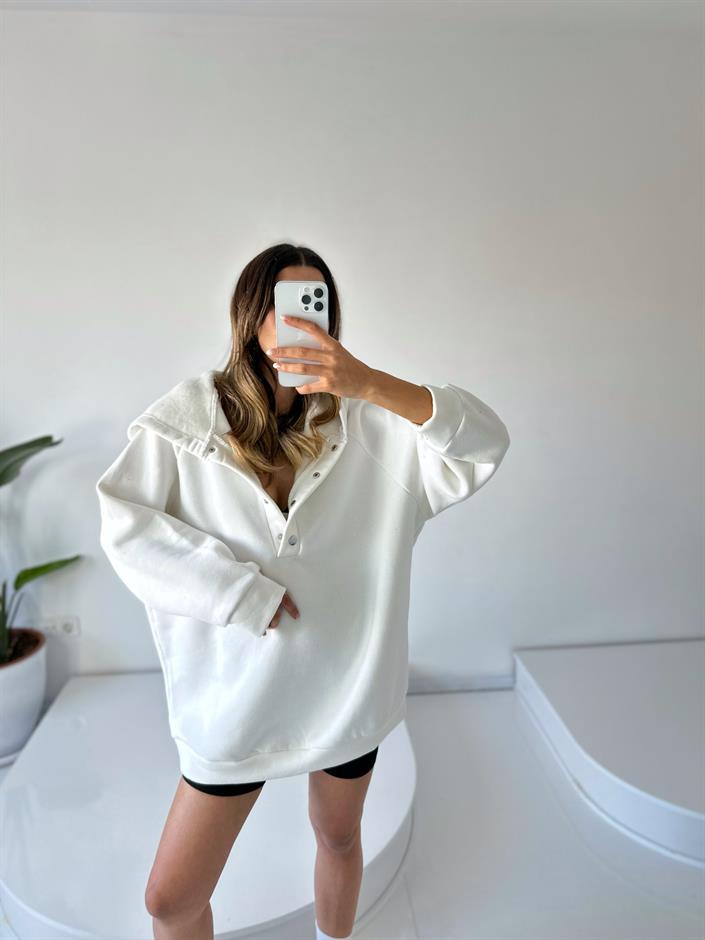 Easy Ekru Oversize Çıt Çıtlı Üç İplik Şardonlu Sweatshirt