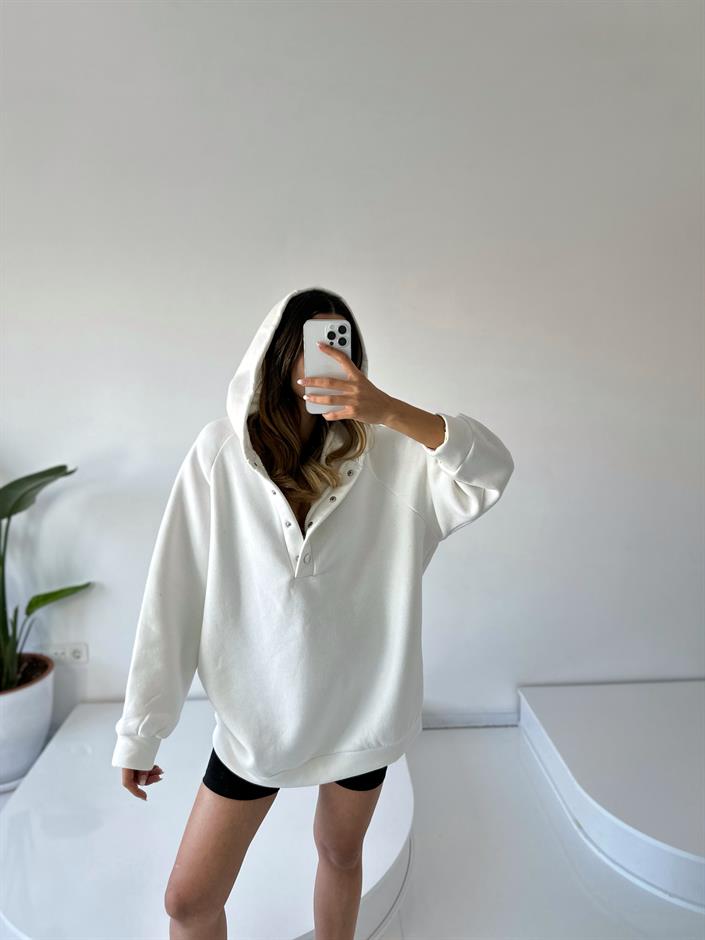 Easy Ekru Oversize Çıt Çıtlı Üç İplik Şardonlu Sweatshirt