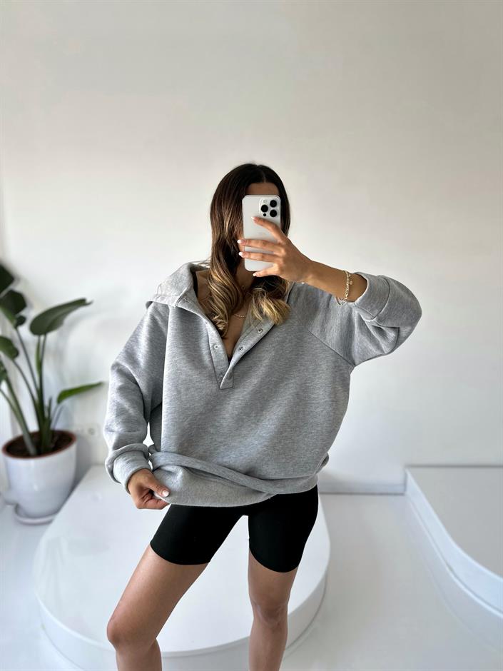 Easy Gri Oversize Çıt Çıtlı Üç İplik Şardonlu  Sweatshirt
