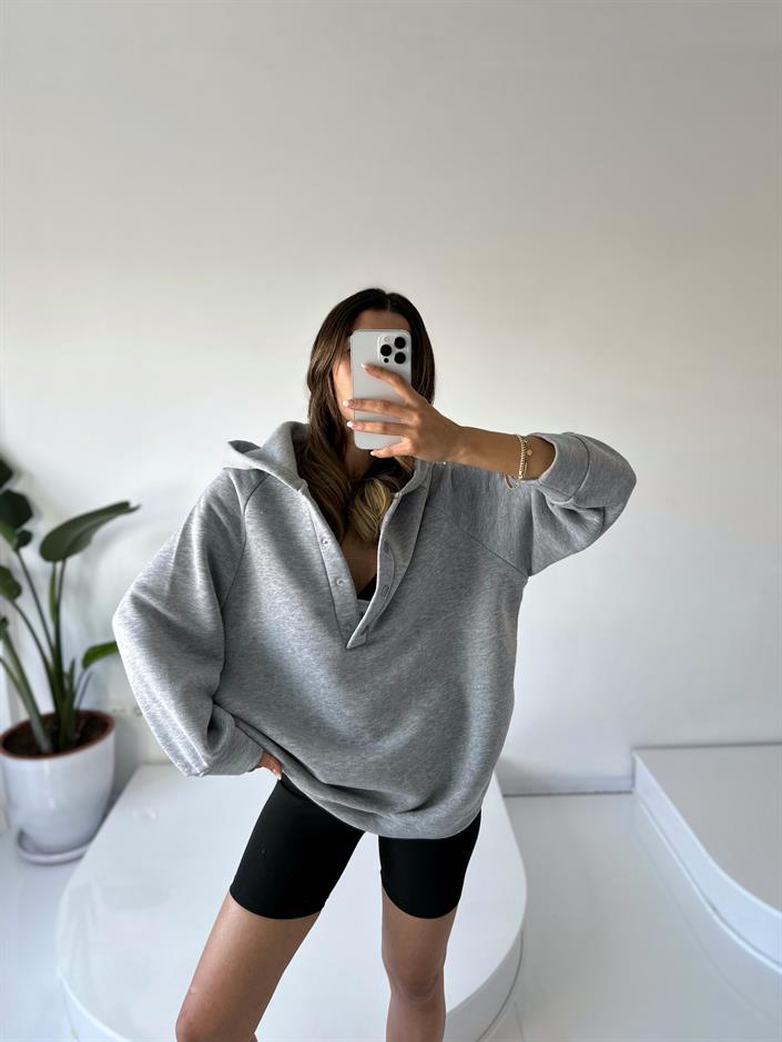 Easy Gri Oversize Çıt Çıtlı Üç İplik Şardonlu  Sweatshirt