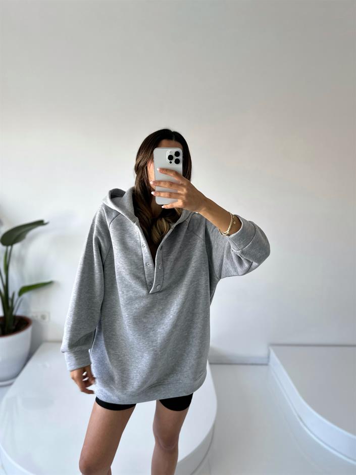 Easy Gri Oversize Çıt Çıtlı Üç İplik Şardonlu  Sweatshirt