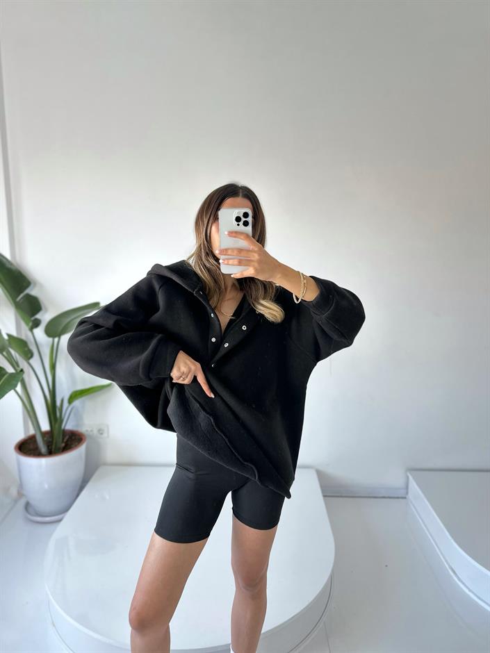 Easy Siyah Oversize Çıt Çıtlı Üç İplik Şardonlu Sweatshirt