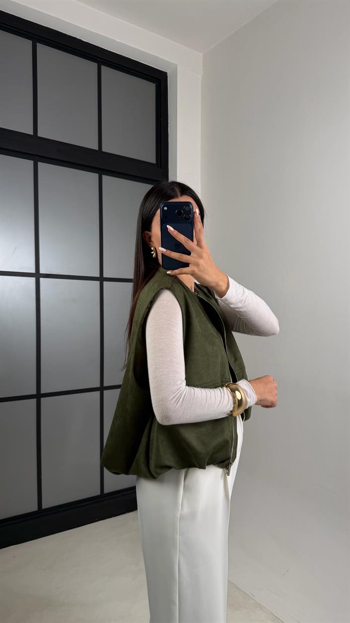 Haki Beli Lastikli Astarlı Premium Süet Yelek GAUS-00637