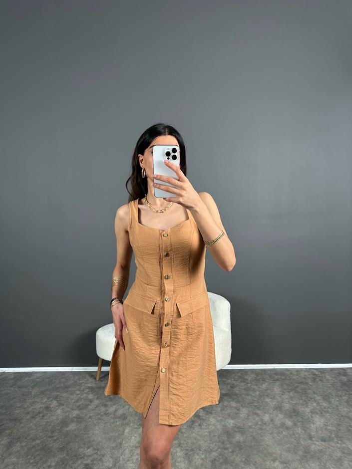 Kika Camel Astarlı Gold Düğmeli Elbise
