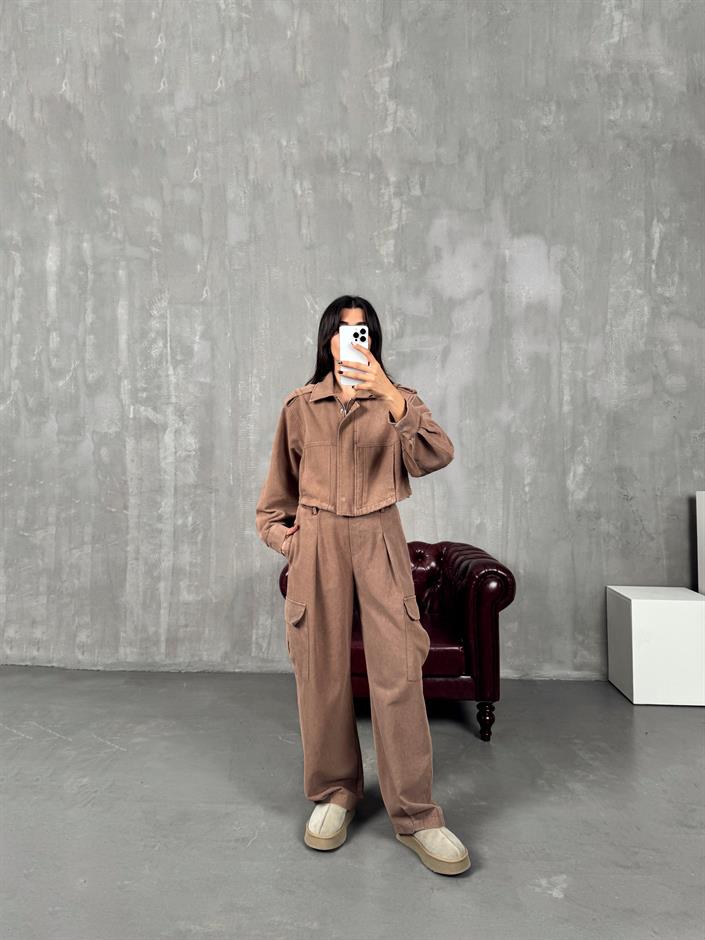 Blom Kahve Gabardin Beli Lastikli Cepli İkili Takım