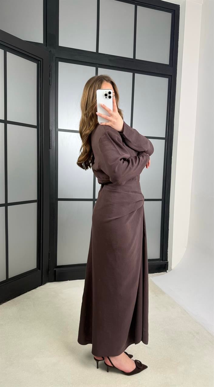 Mürdüm Drape Detaylı Etek Bluz Tencel Takım GAUS-01176