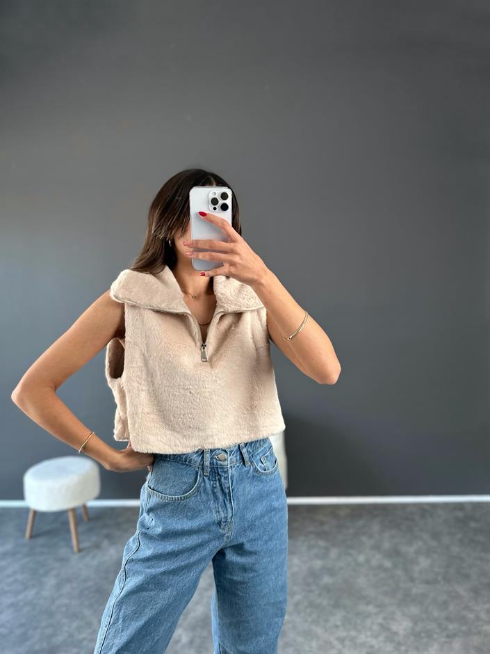 Taş Fermuarlı Crop Peluş Kürk Süveter 