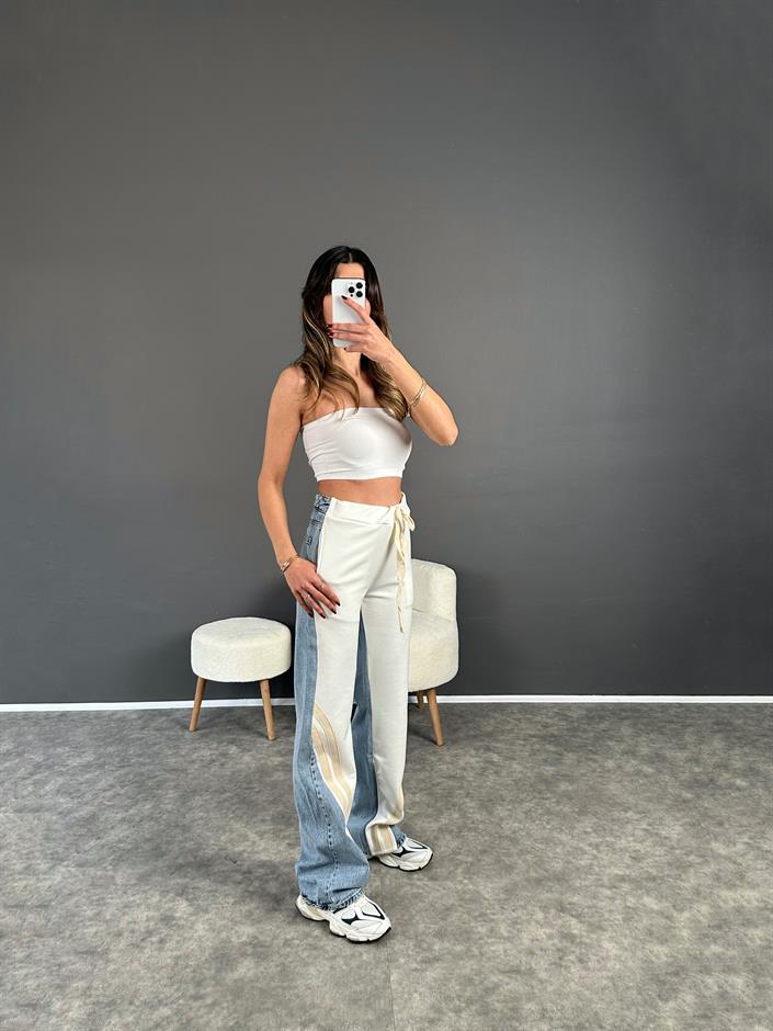 Premium Beyaz Jean Şerit Detaylı Pantolon 