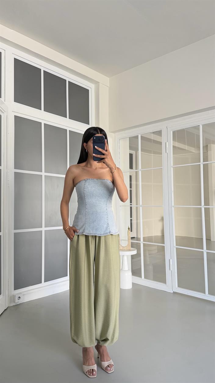 Yeşil Beli Lastikli Keten Şalvar Pantolon GAUS-01518
