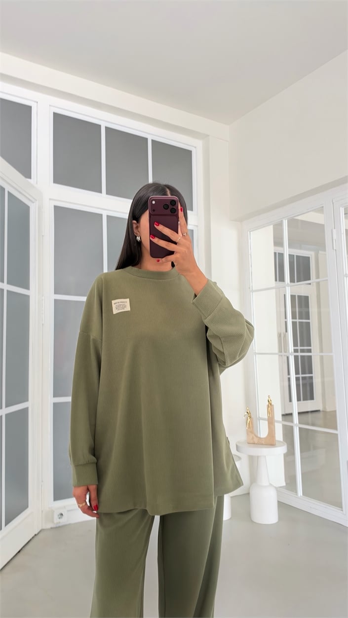 Yeşil Kazak Beli Lastikli Pantolon İkili Fitilli Triko Kumaş Takım GAUS-02300