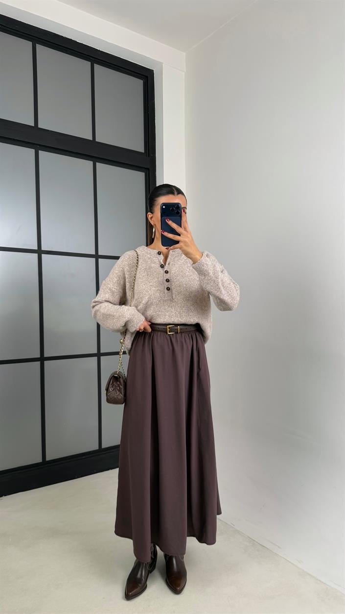 Acı Kahve Beli Lastikli Cepli Tencel Etek GAUS-00670