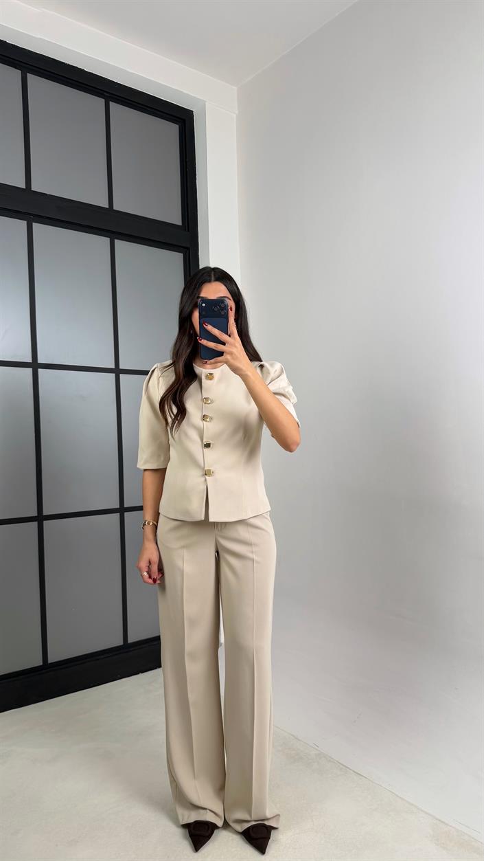 Taş Gold Düğmeli Balon Kol Ceket Beli Lastikli Pantolon Kumaş Takım GAUS-00748