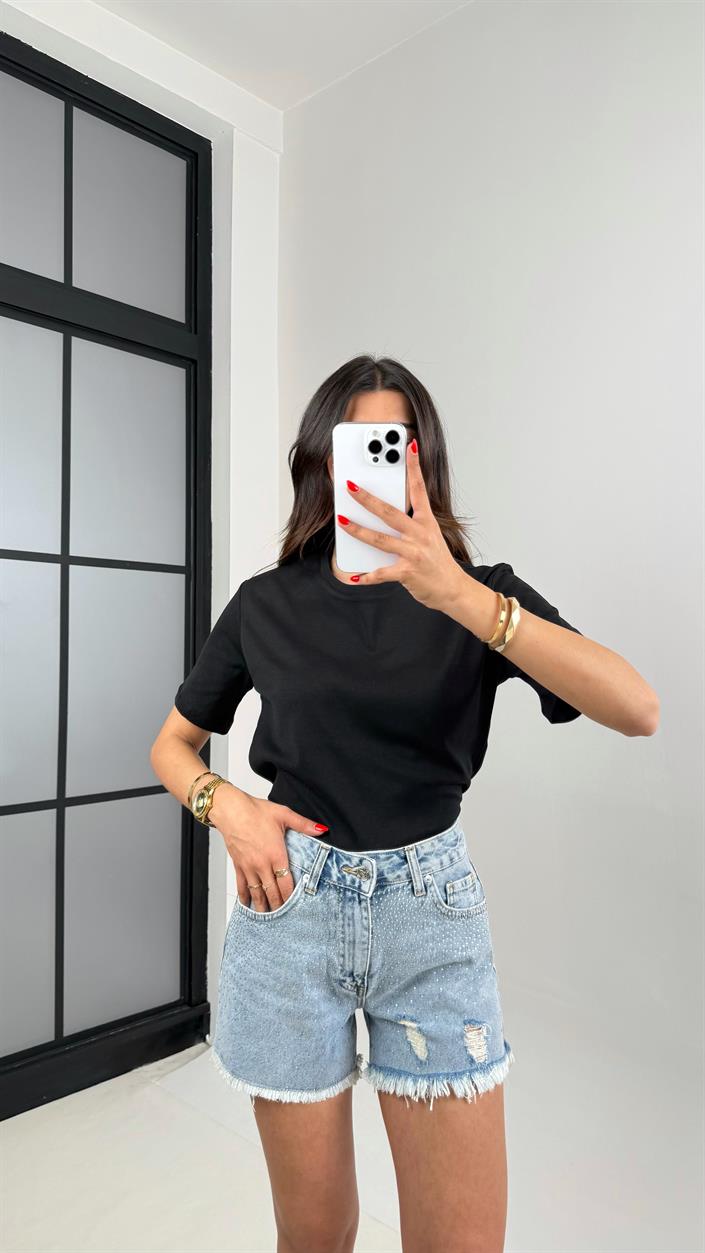 Mavi Taşlı Kesik Paça Denim Şort Gaus00478