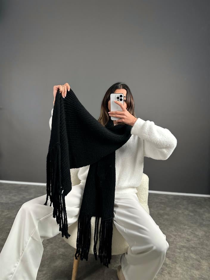 Siyah Pinterest Saçaklı Atkı