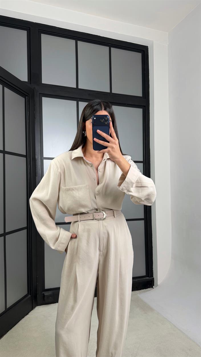 Taş Vatkalı Gömlek Kemerli Pantolon İkili Tencel Takım GAUS-01319