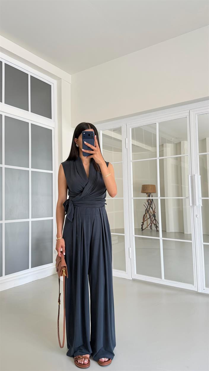 Füme OYS Model Bağlama Detaylı Bluz Beli Lastikli Pantolon İkili Modal Takım GAUS-01662