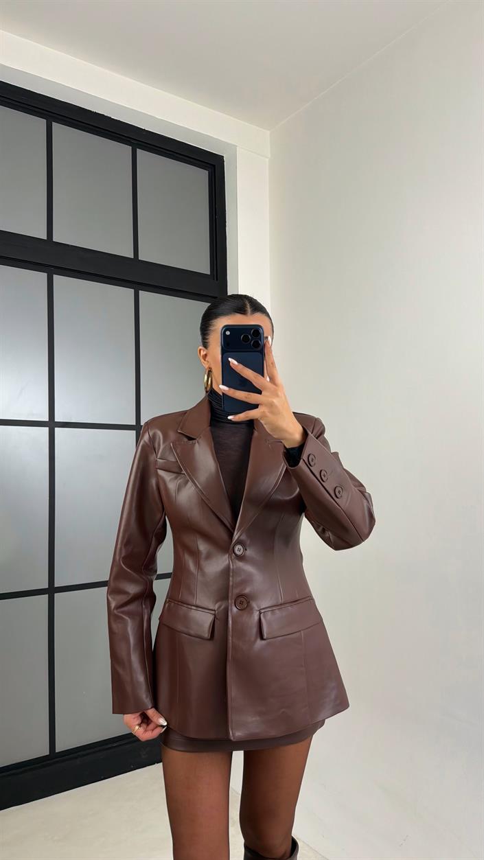 Kahve Astarlı Vatkalı Blazer Ceket Etek Premium Deri Takım GAUS-00657