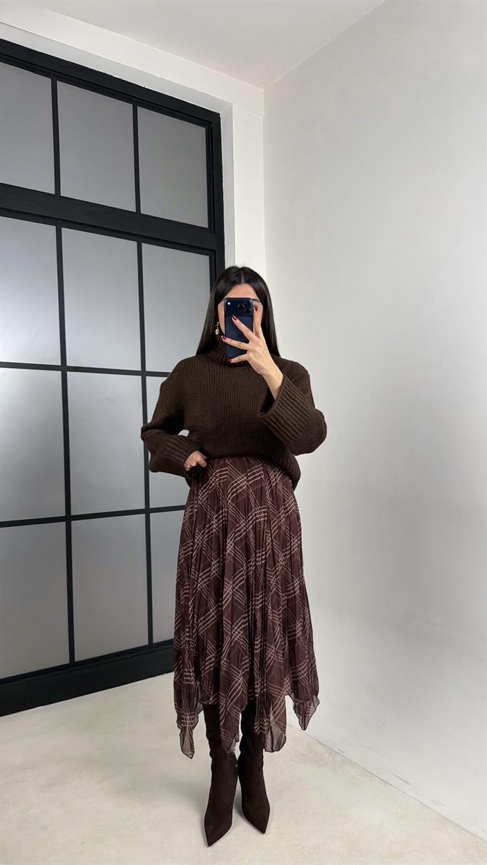 Kahve Ekose Desenli Astarlı Şifon Etek GAUS-00725