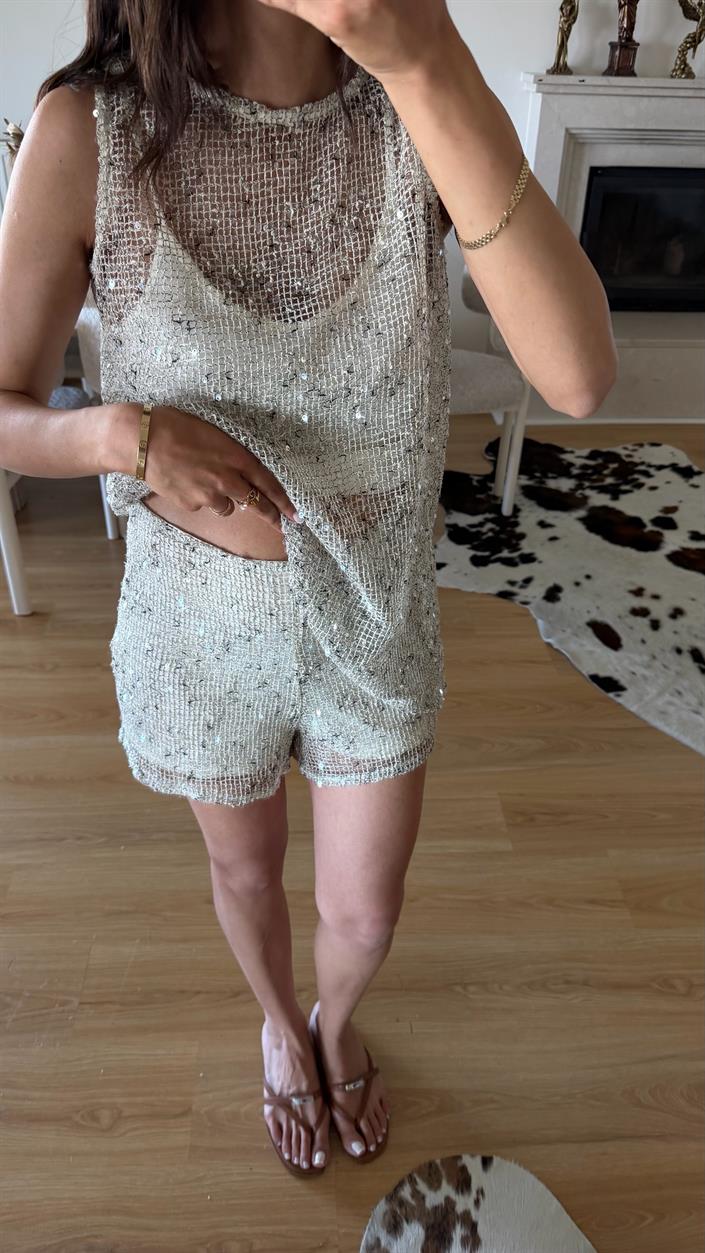 Ekru Muadil Astarlı Pullu Şort GAUS-01651