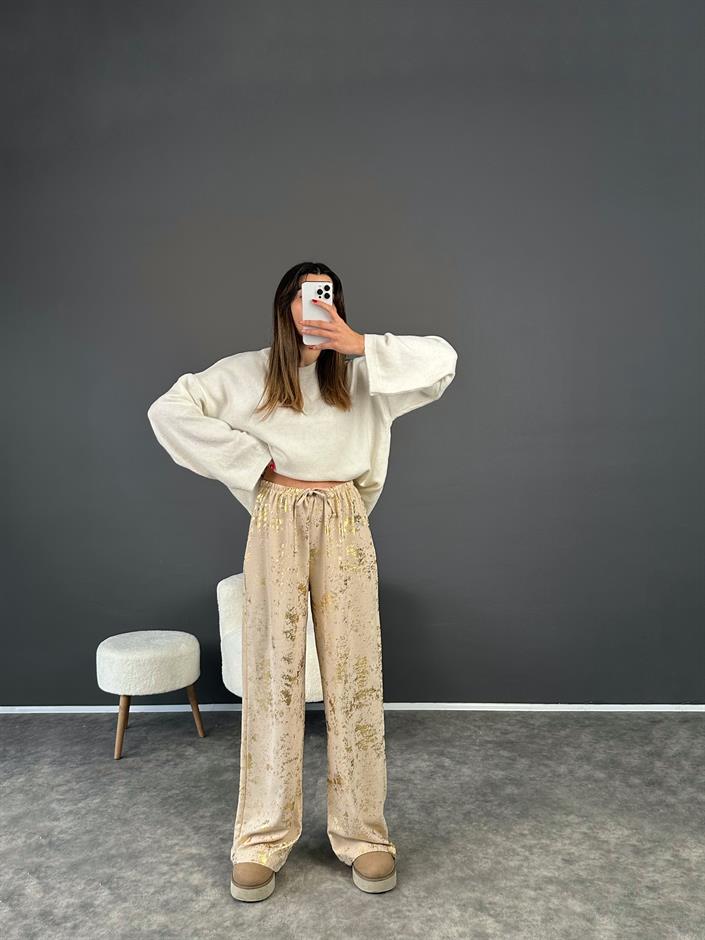 Bej Varak Baskılı İp Bağlamalı Pantolon