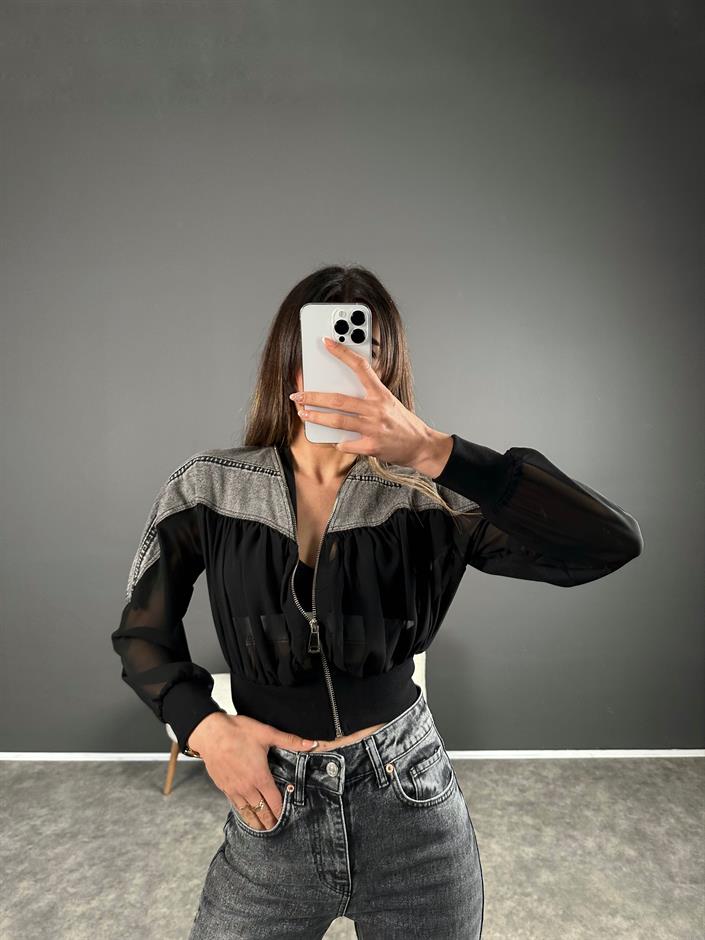 Füme Denim Detaylı Tül Ceket