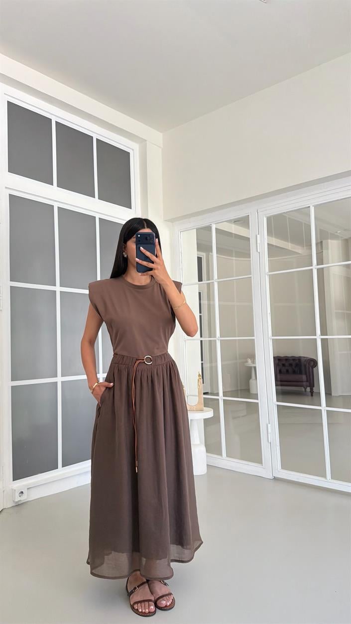 Kahve TWST Model Kemerli Elbise GAUS-01697