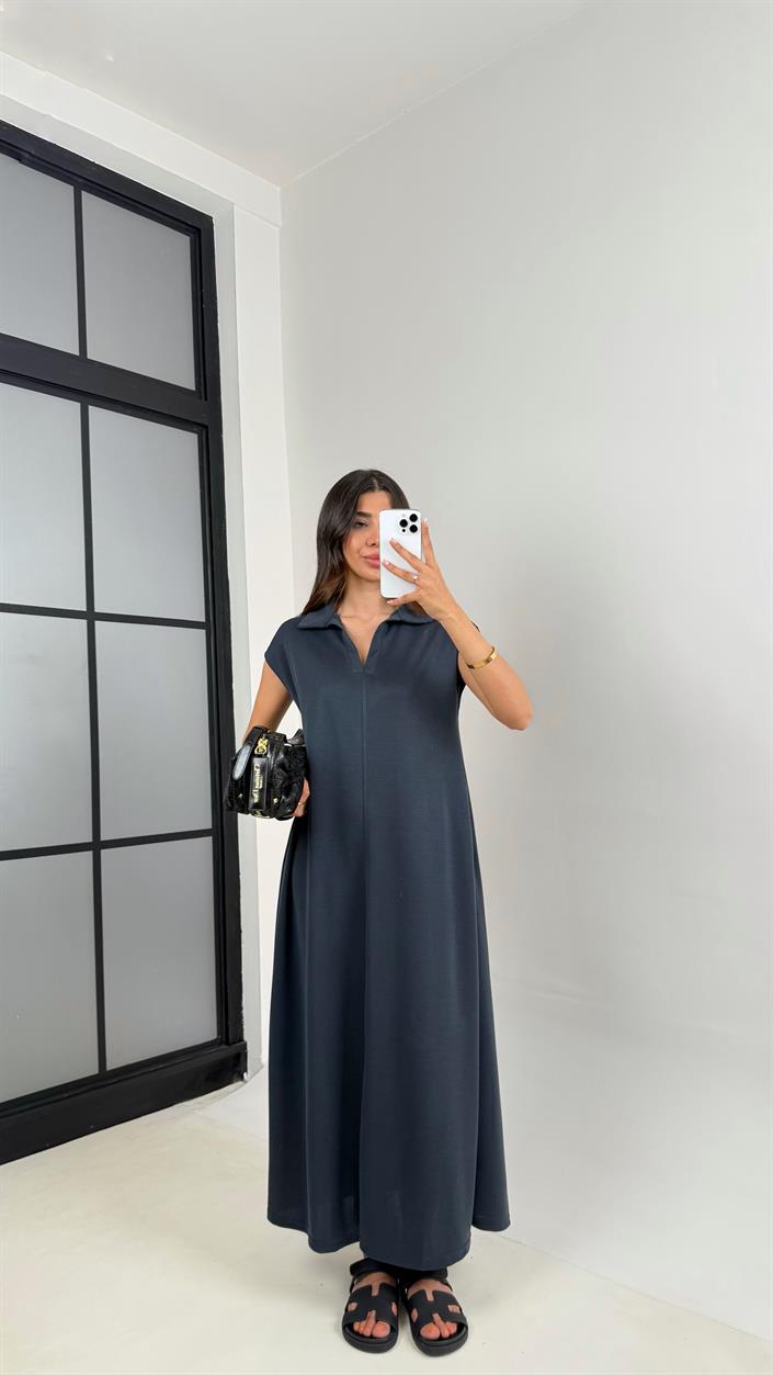 Lacivert MD Muadil Polo Yaka Cepli Basic Elbise Gaus00568