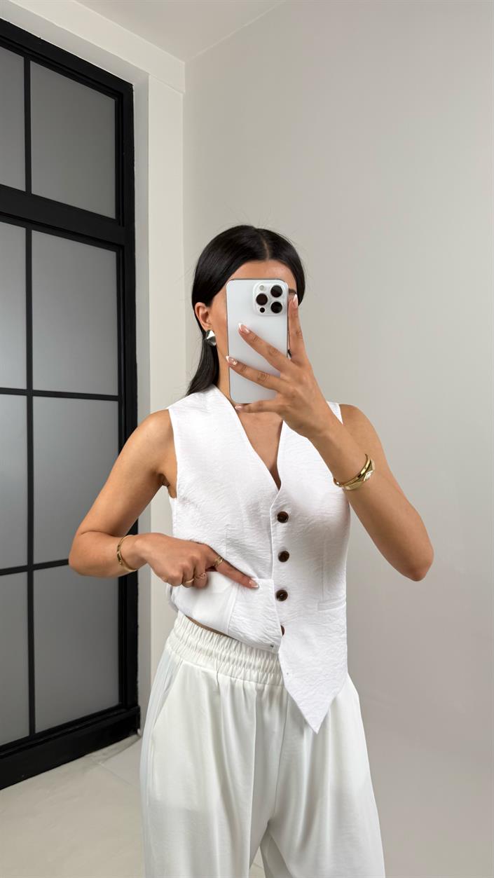 Beyaz Astarlı Kırışık Kumaş Yelek Gaus00539