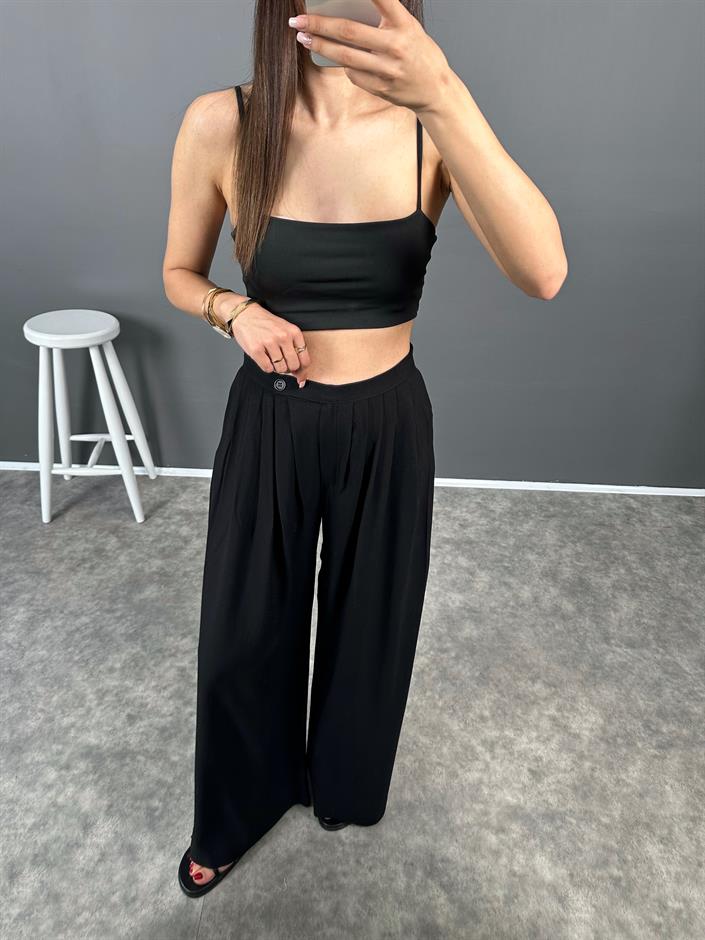 Sesto Siyah Salaş Düğmeli Bol Pantolon