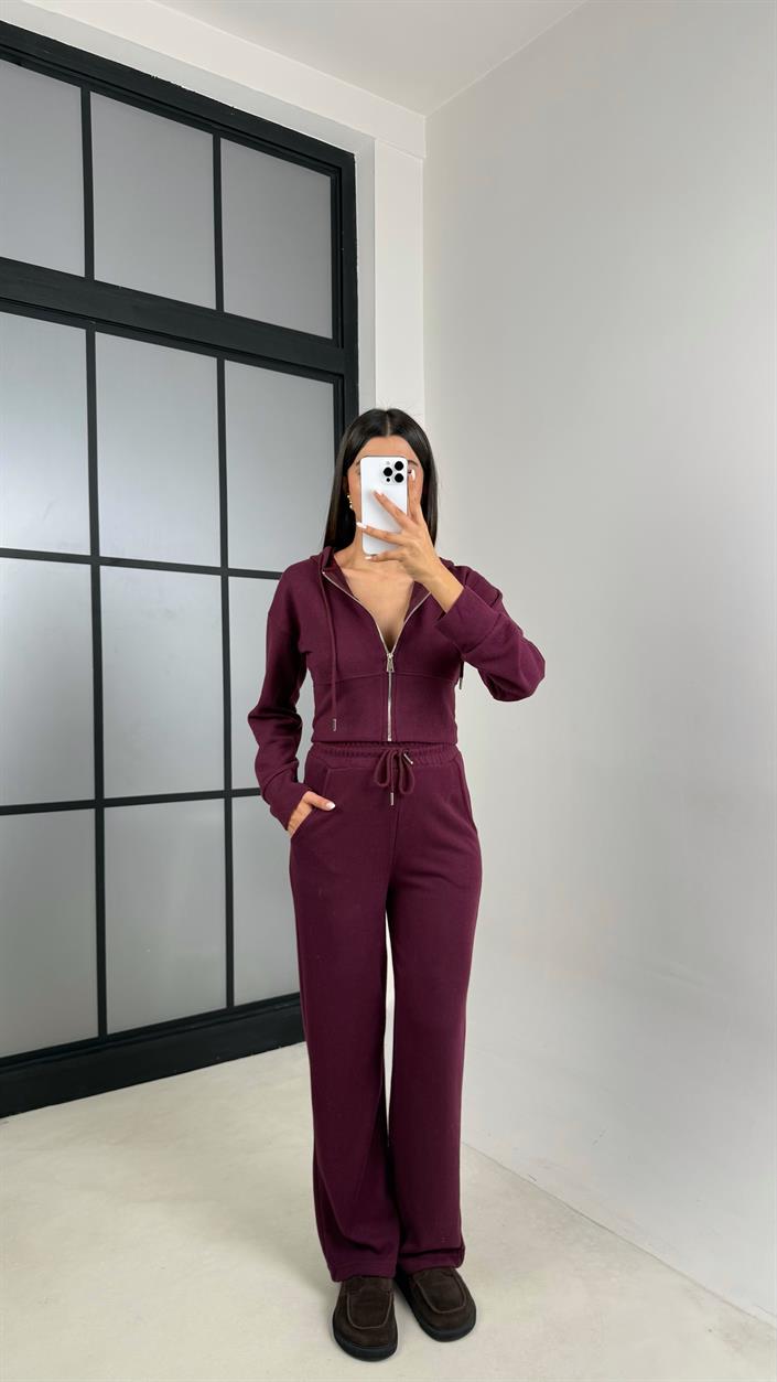 Mürdüm Hırka Beli Lastikli Pantolon İkili Selanik Kumaş Takım GAUS-00523