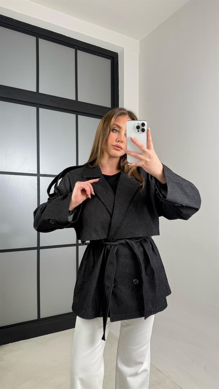 Füme Düğmeli Kuşaklı Denim Trençkot GAUS-00983