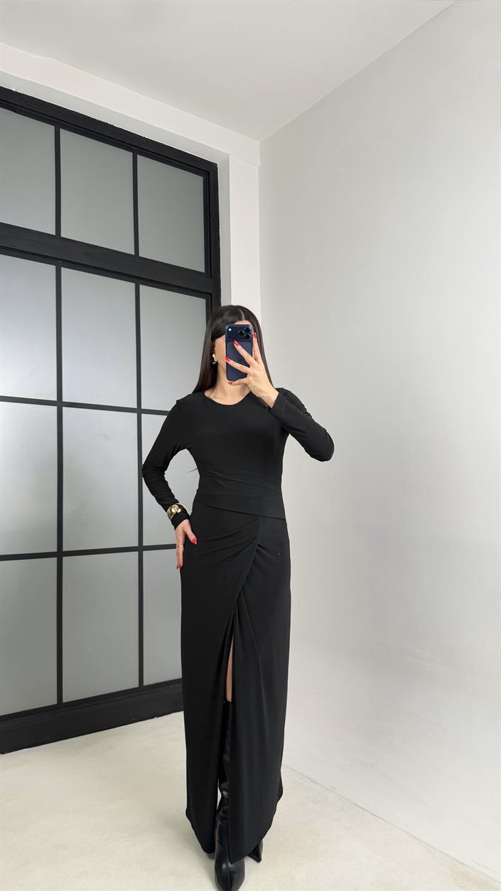 Siyah Yırtmaç Detaylı Astarlı Sandy Kumaş Elbise GAUS-00949