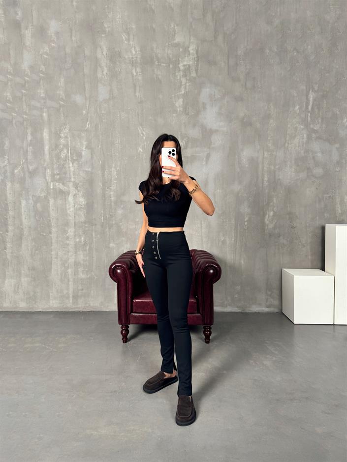 LO Tek Fermuarlı Siyah Çelik Yırtmaç Paça Tayt