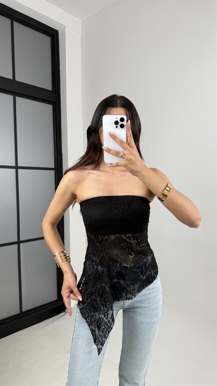 Siyah Straplez Dantelli Asimetrik Kesim Bluz Gaus00629