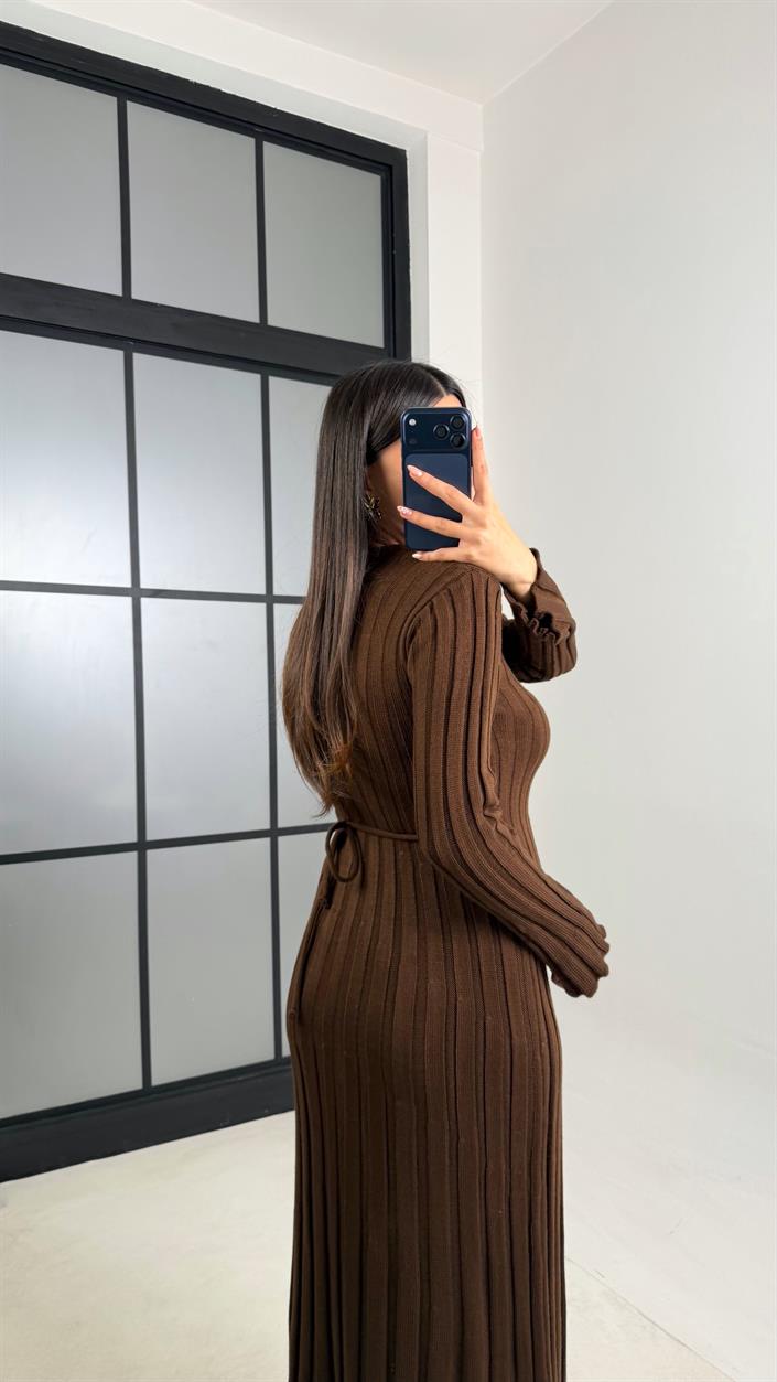 Kahve Kuşak Detaylı Triko Elbise GAUS-00812