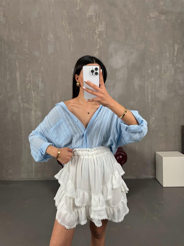 Beyaz Şort Astarlı Volanlı Mini Etek Gaus00078 