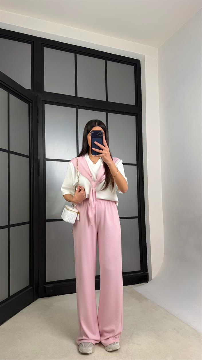 Pembe Şal Detaylı Basic Tshirt Beli Lastikli Pantolon İkili Eşofman Takımı GAUS-01284