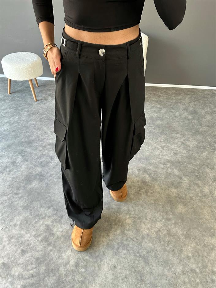 Roy Siyah Kargo Cepli Pensli Pantolon 