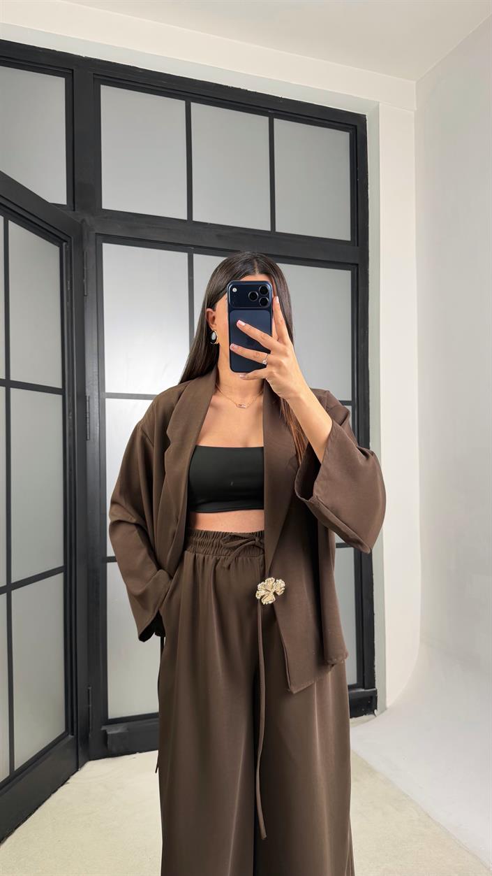 Kahve Premıum Toka Detaylı Yandan Bağlamalı Beli Lastikli Pantolon Takım GAUS-01205