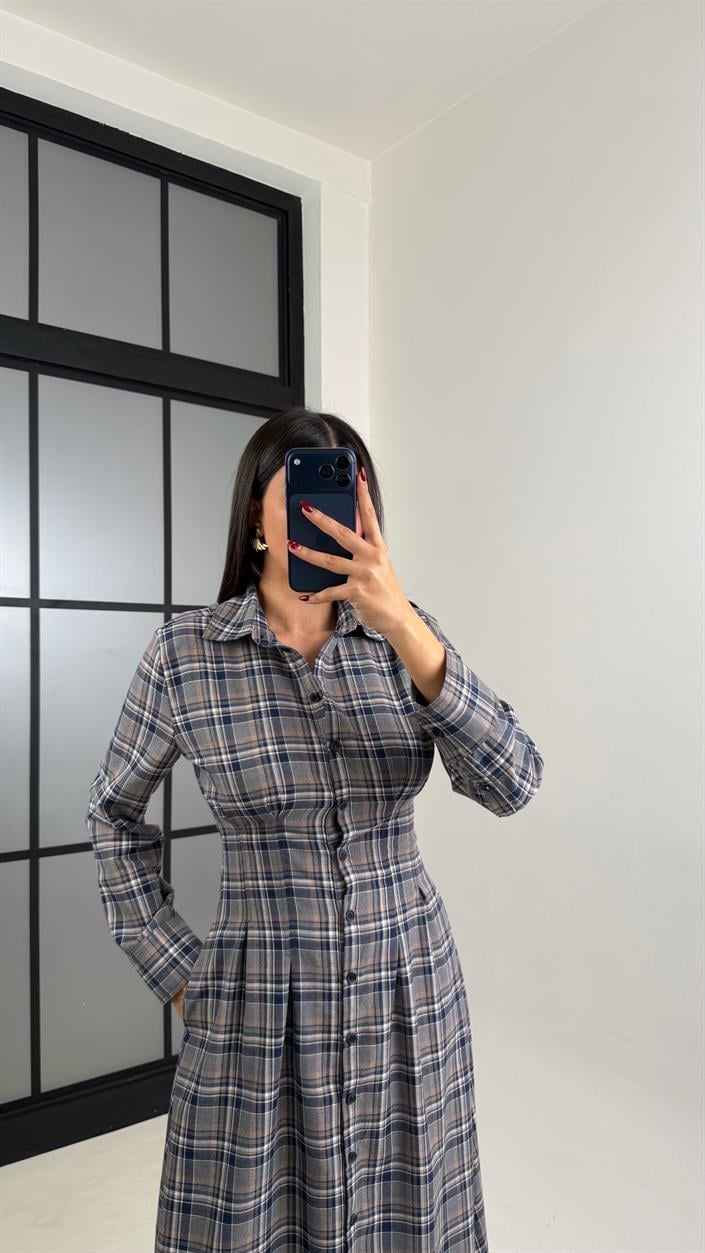 Lacivert Belden Oturtmalı Ekose Elbise GAUS-00762