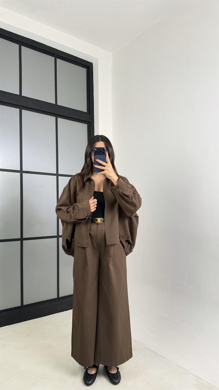 Kahve Gömlek Beli Lastikli Pantolon İthal Kumaş Takım GAUS-00799