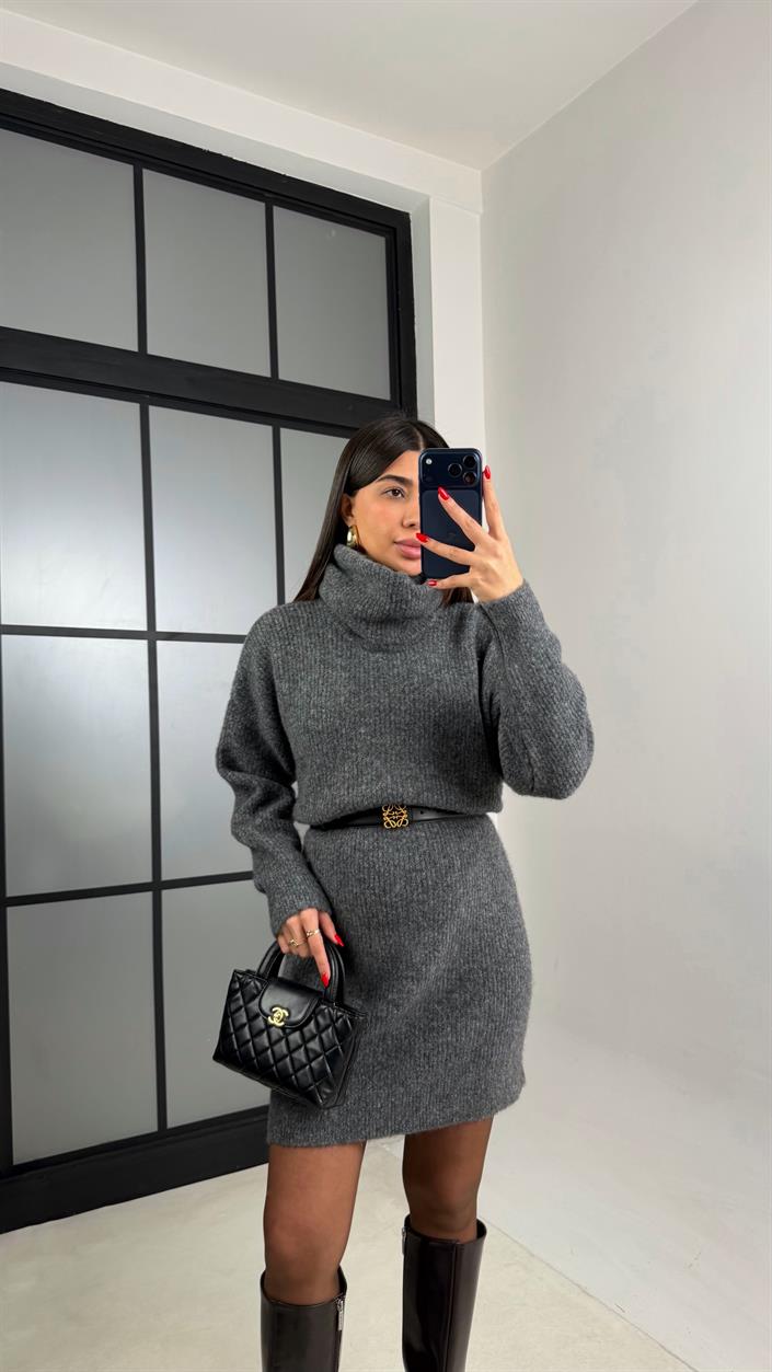 Antrasit Balıkçı Yaka Oversize Triko Elbise GAUS-00900