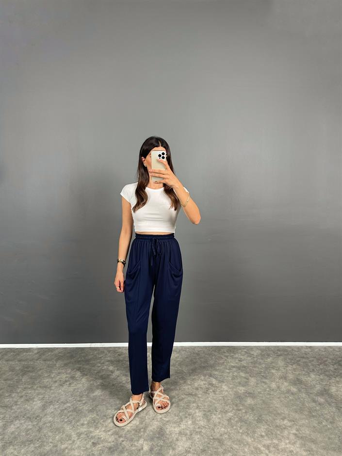 Pilea Beli Lastikli Önden Cepli Rahat Kumaş Lacivert Şalvar Pantolon