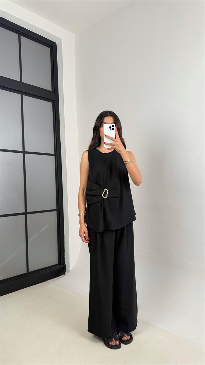 Siyah Gold Detaylı Bluz Balon Pantolon İkili Tencel Takım Gaus00510