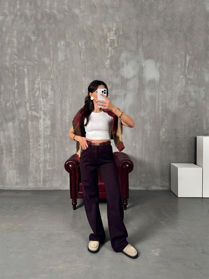Targi Bordo Yüksek Bel Wide Leg Jean
