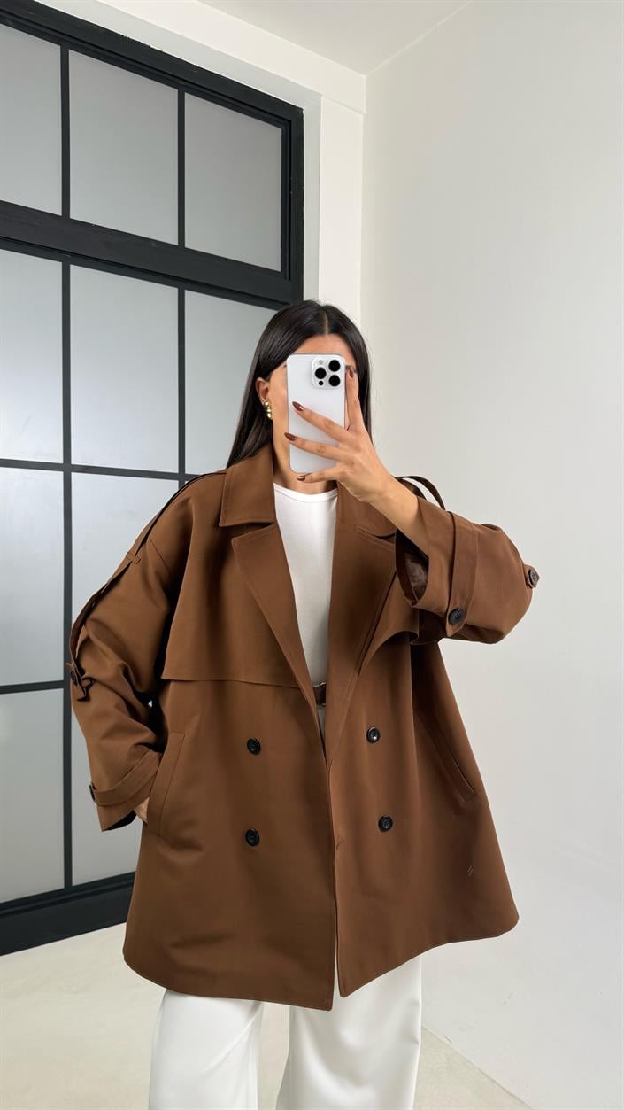 Acı Kahve Astarlı Cep Detaylı Kuşaklı Kısa Trençkot GAUS-00192