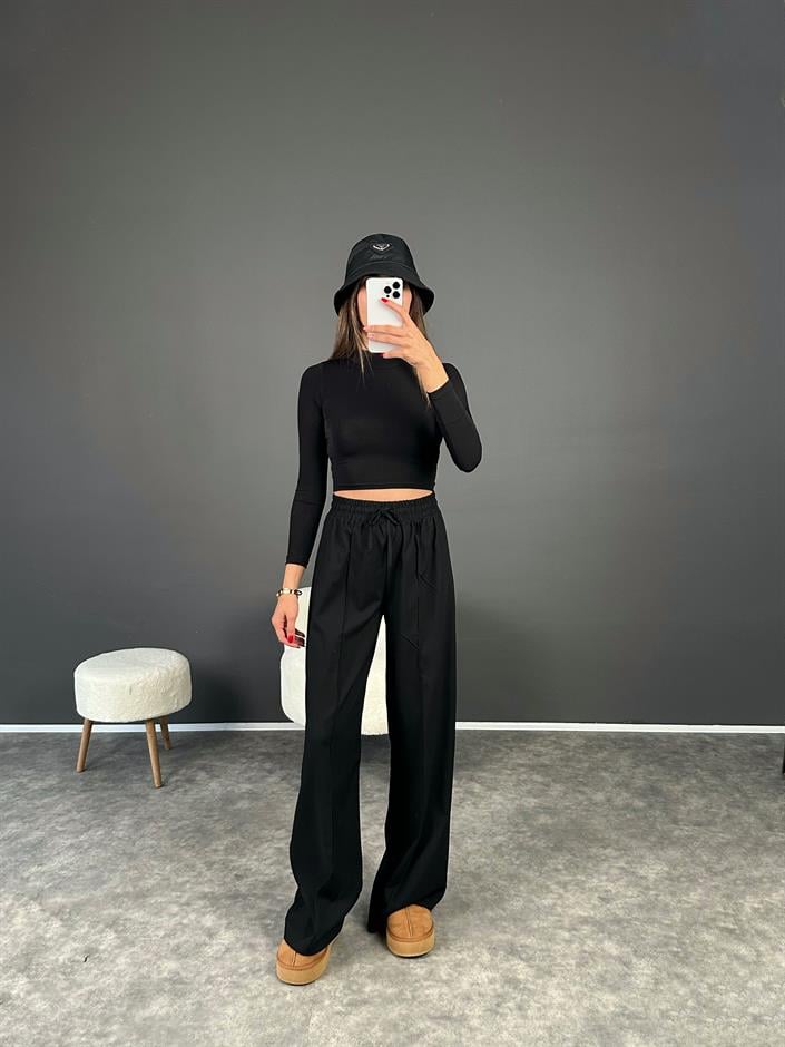 Minaj Siyah Beli Lastikli Çımalı Pantolon 