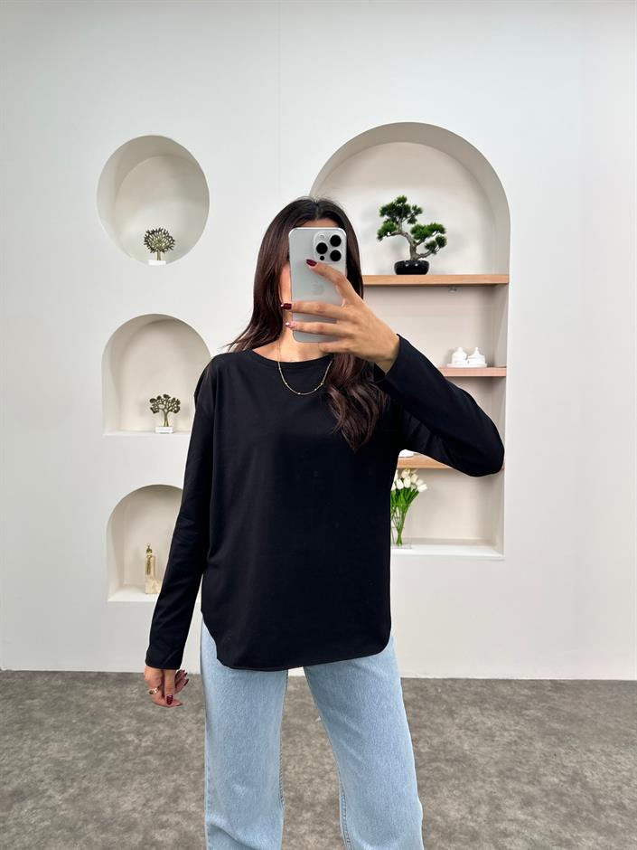 May Siyah Bisiklet Yaka Uzun Kollu Penye Bluz