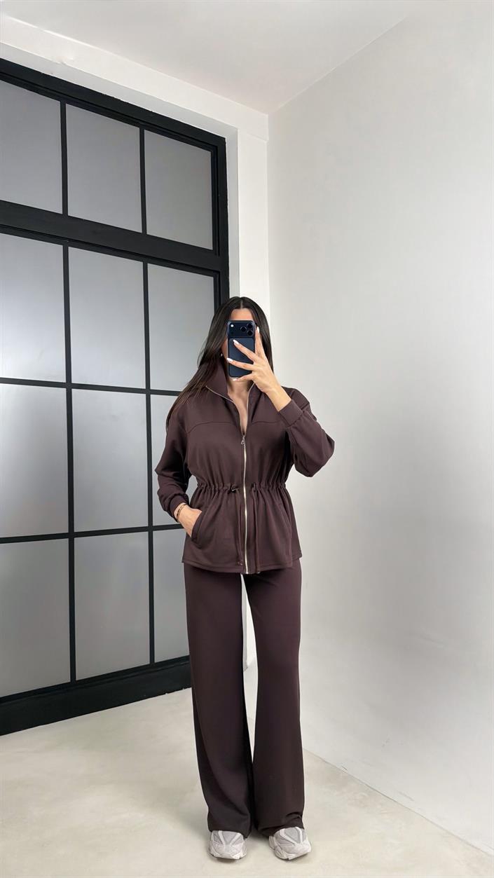 Kahve Beli Büzgülü Hırka Pantolon İkili Modal Takım GAUS-00571